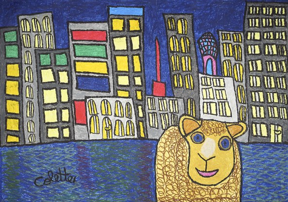 Colette Boberz: gelbes Schaf vor blauem Fluß und Wolkenkratzern