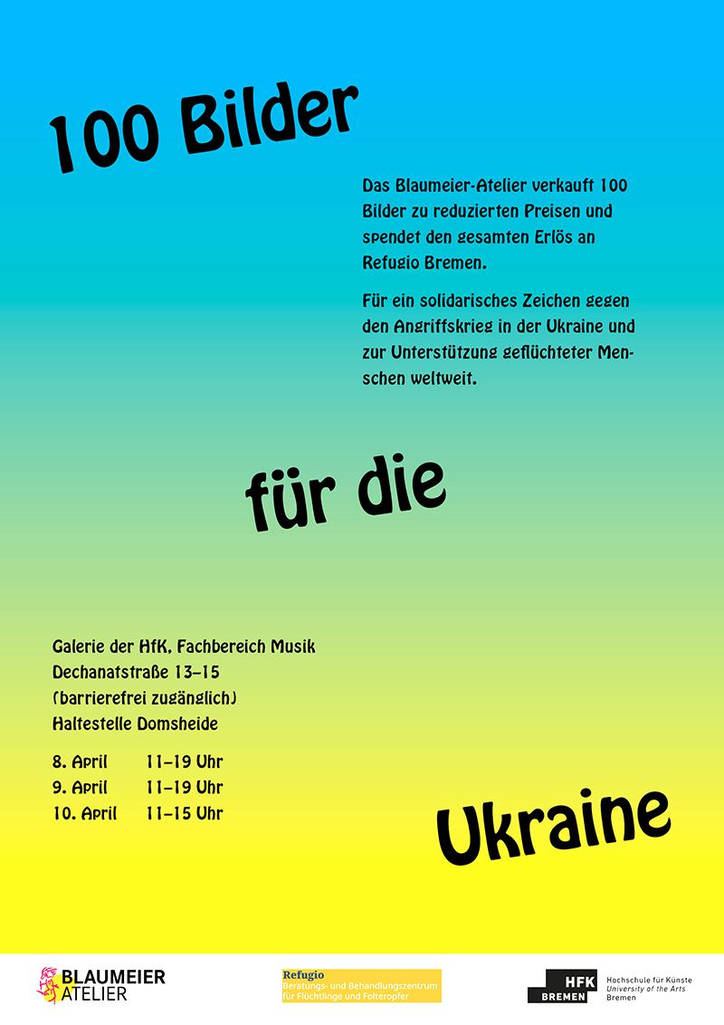 Plakat: 1000 Bilder für die Ukraine, Schriftzug auf blau-gelbem Hintergrund